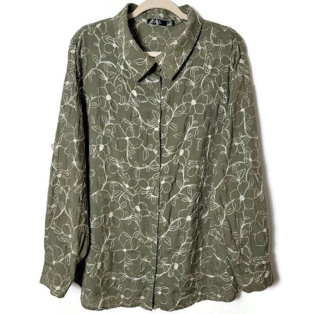 CURE Green Floral Embroidered Boho Roll Tab Long Sleeve Button Up Blouse Top 2XL